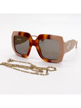 NEW GUCCI SUNGLASSES GG1022S 003 HAVANA WOMEN GUCCI OVERSIZED EYEWEAR WITH CHAIN